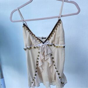Y2K Beige Ruffled Chiffon Bead Embellished Fairy Top Size Medium M